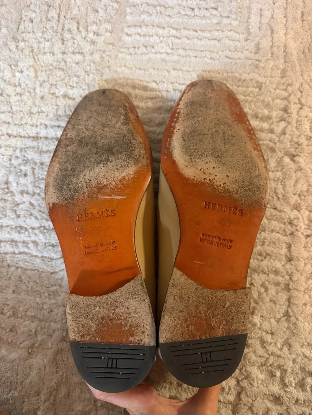 Hermes Light Beige Leather Men's Slip-On Loafers with Perforated Logo